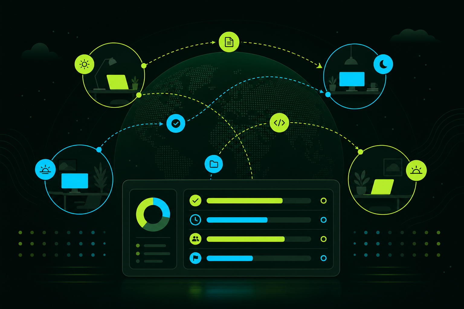 Editorial illustration of distributed team coordination, nodes, and calm dashboards